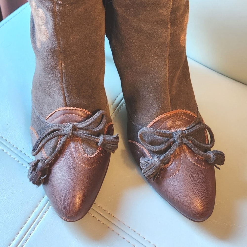 SAM EDELMAN Victorian Embroidery Suede Leather Zip BOW Ties Knee Boots 8.5 EUC - Picture 7 of 16